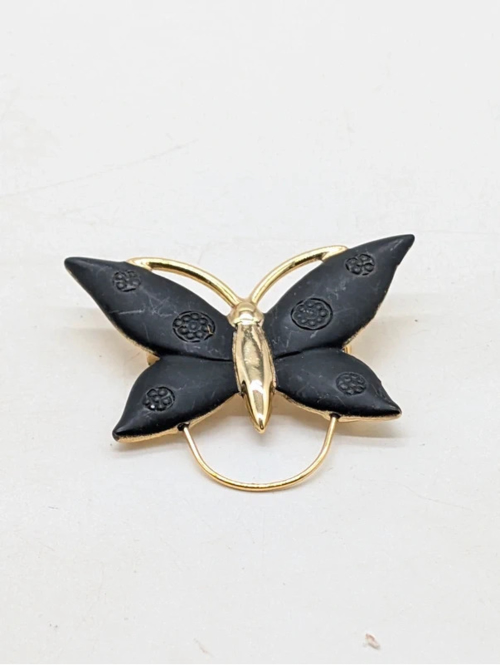 Vintage Black Molded Resin Butterfly Brooch Pin Gold Tone